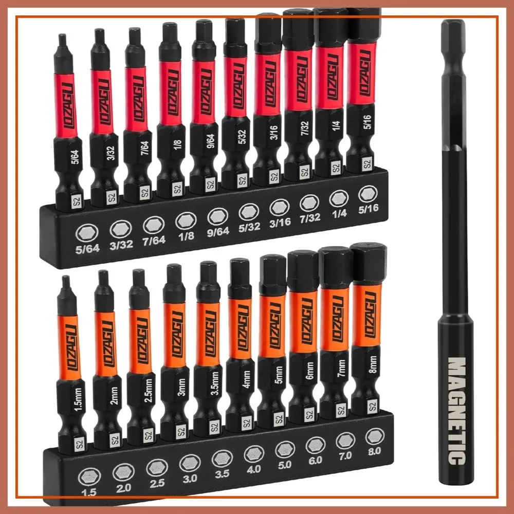 

21-Piece Hex Bit Set, S2 Steel Allen Wrench Drill Bits, SAE & Metric, Magnetic Tips for Mechanics & DIY
