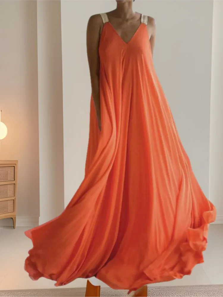 

Summer New Woman Boho Maxi Dress Fashion Spaghetti Strap Solid Sleeveless Beach Party Casual Long Dress For Women Robe Femme