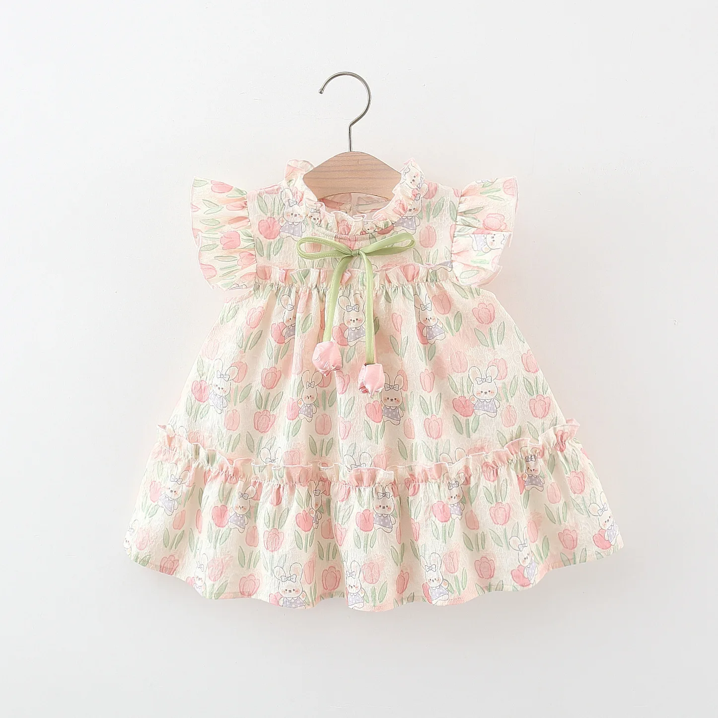 2026 Summer 6M-4T Full Rabbit and Tulip Prints Girls Dress with 3D Tulip Bow Decoration Ruffled Collar Soft Fabric