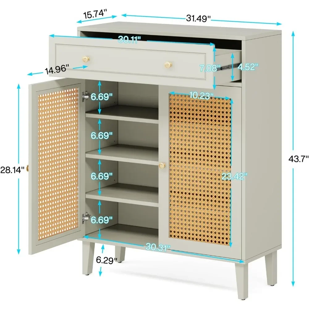 Modern Shoe Cabinet with Doors and Drawers, Entrance Channel, Rattan Shoe Cabinet with Adjustable Shelves Home Furniture