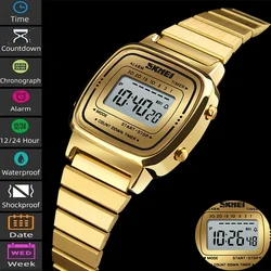 Skmei Fashion Women's Digital Watches Luxury Stainless Steel Strap Small Dial Waterproof Alarm Clock Ladies Wristwatch