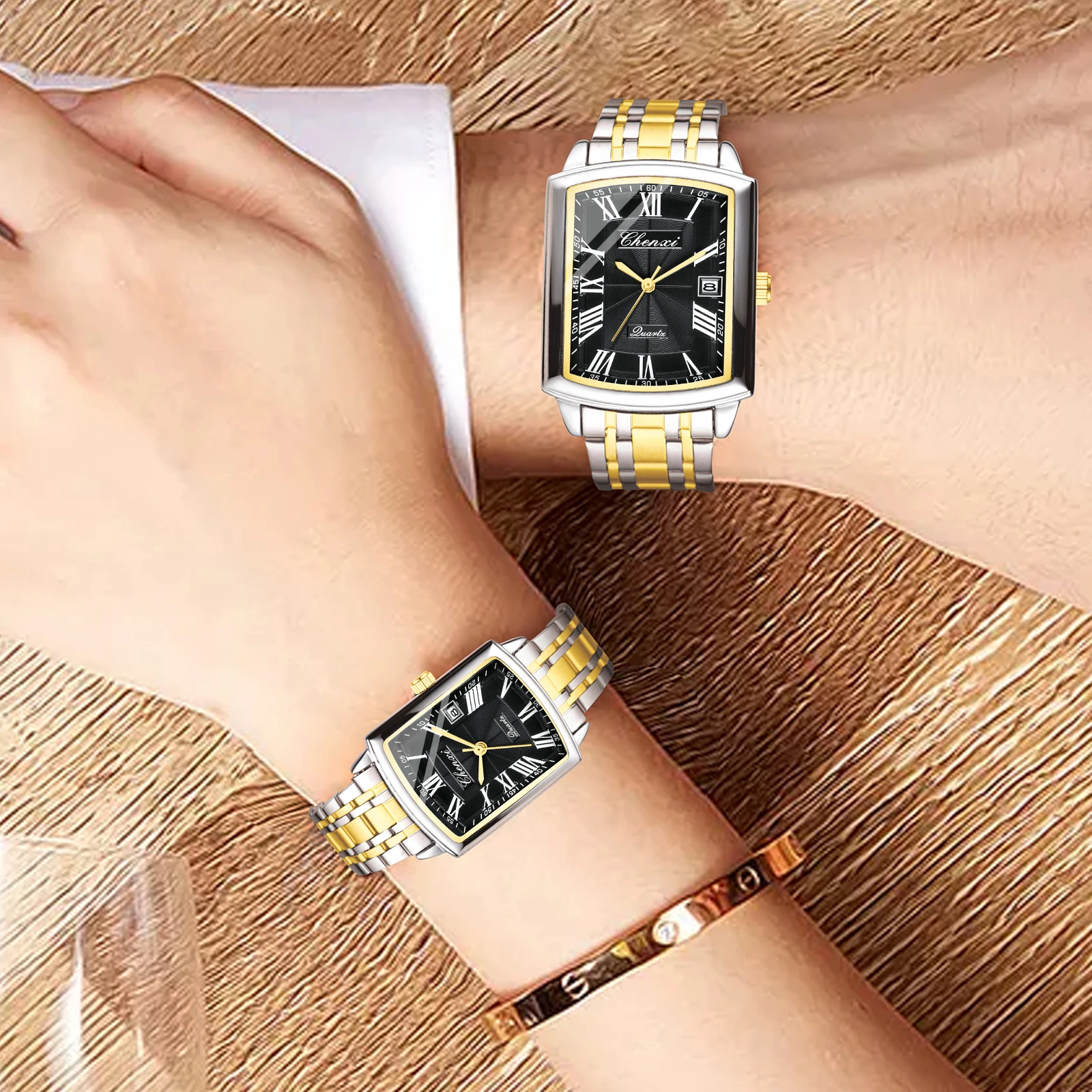 CHENXI 079 زوجين كوارتز ساعة التقويم مقاوم للماء الساعات الذهب الصلب حزام أنيق الرجال النساء ساعة اليد reloj hombre