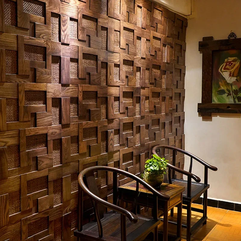 Mosaic Decorative Panel Rattan Weaving aSH Wood, Log Retro style Living room,Hotel,The hotel lobby,Chess & card room, Library