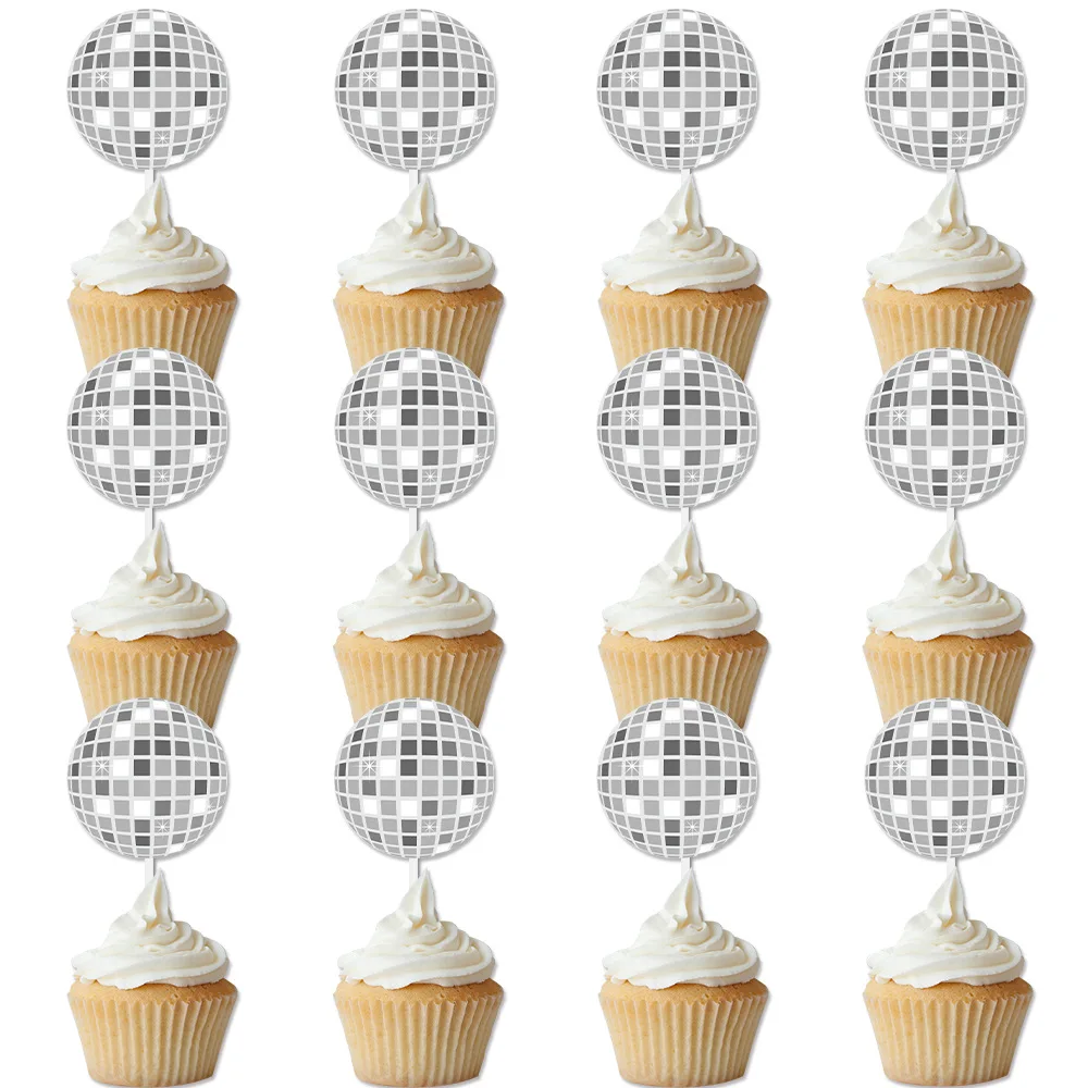 12/24 Stück glitzernde Spiegel-Disco-Kugel-Kuchenaufsätze, 1970er-Jahre, silberne Kugel-Kuchen-Picks, Disco-Thema, Tanz, Geburtstag, Junggesellenabschied, Dekoration