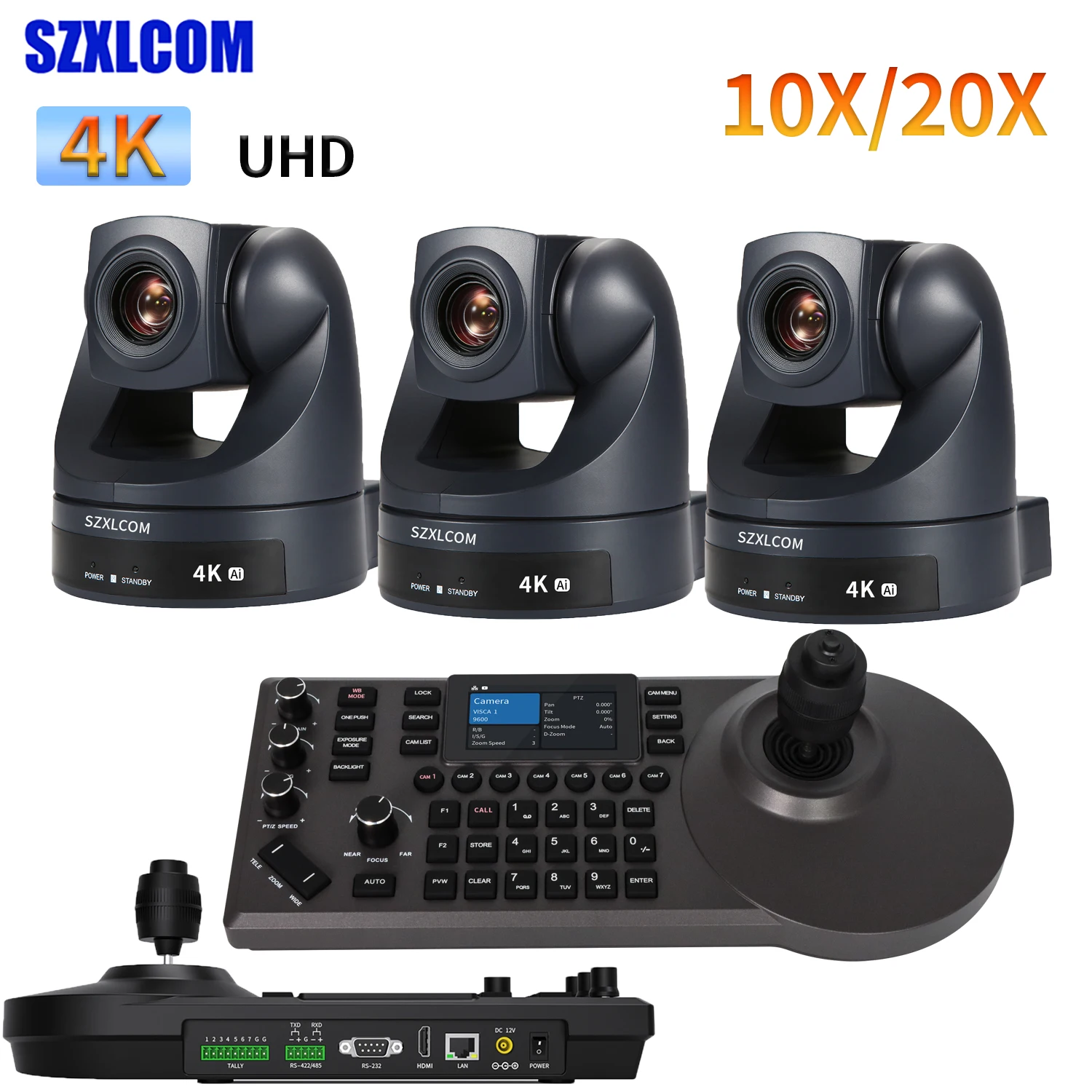 4K PTZ Camera 3-Pack Kit 10X/20X Optical Zoom Auto Focus + PTZ Controller 1-Touch - HDMI Output with No Preview Display