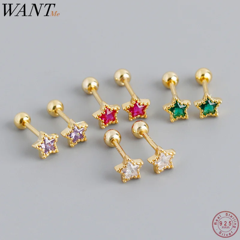 WANTME 925 Sterling Silver Simple Green Star Zircon Piercing Ear Bone Fashion Screw Bead Stud Earrings for Women Accessories