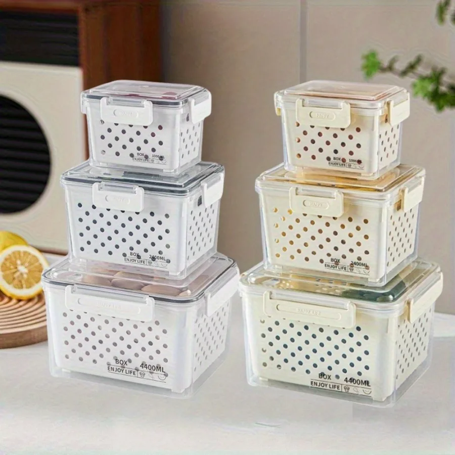 6pcs/set 2025 New Ultra Large Capacity Food Storage Box (3 Storage Boxes+3 Drain Baskets),with Handles, Leak Proof, and Reusable