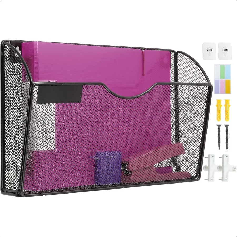 

1 Pocket Mesh Wall File Holder Organizer Office Hanging File Folder Magazine Rack Nametag Label Hooks Set Included Black
