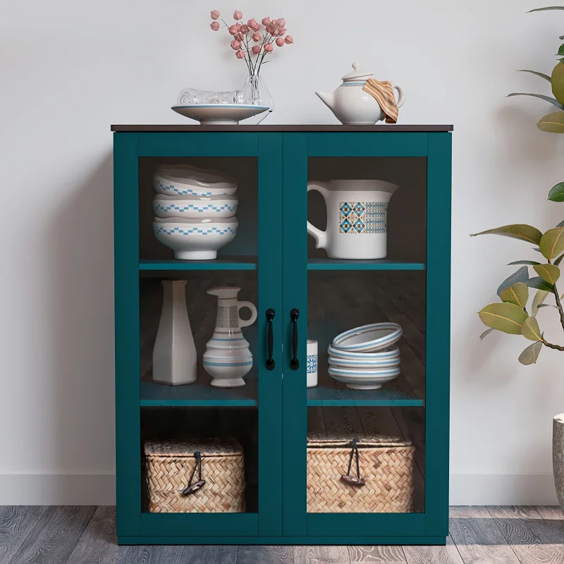 Custom.Storage Cabinet, Teal Standing Buffet Cabinet, Accent Kitchen Cabinet With Tempered Glass, Wood Display Cabine