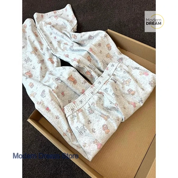 French plus size loose cute puppy print casual sweatpants women's spring and summer fashion thin gray loose lazy wide-leg pants