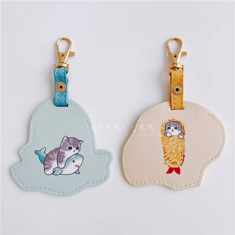 Kawaii Cartoon Shark Cat Mofusand Leather Waterproof Access Control Sensor IC Card Holder Cute Cartoon Creative Keychain Pendant