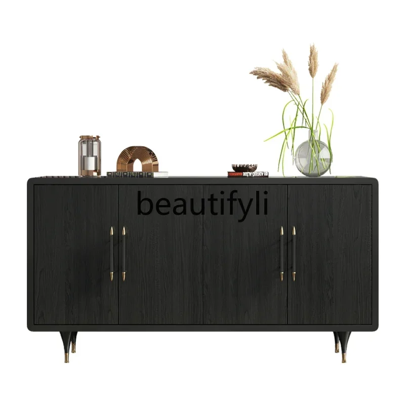 

Minimalist porch cabinet, light luxury style, modern and simple living room, wall, black solid wood cabinet, dining side cabin