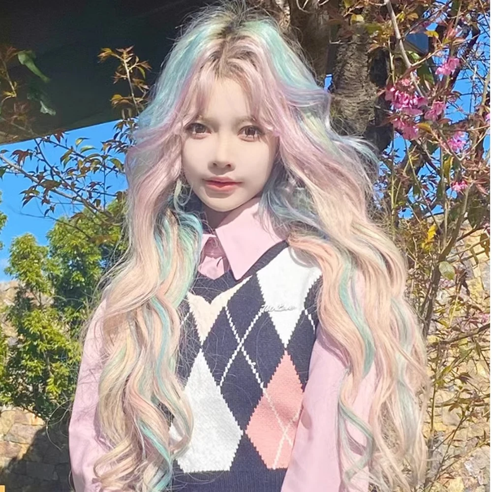 VICWIG Rainbow Ombre długie faliste kobiety peruki z grzywką syntetyczne Cosplay peruka Lolita na codzienną imprezę