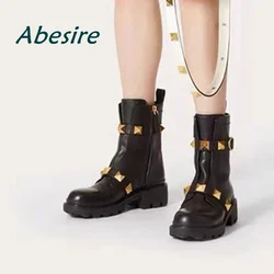 Black Rivet Women's Ankle Boots 2023 Winter Casual Round Toe Block Heeled Leather Short Booties Solid Side Zipper Elegant Shoes