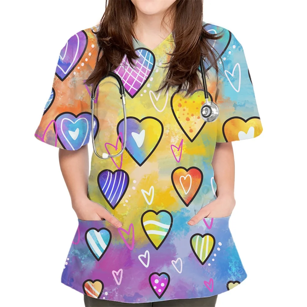 Scrubs Medical Uniforms Woman Elegant Heart Print Clinical Uniform V-Neck Patch Pocket Short Sleeve Top Women's Medical Uniforms