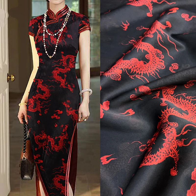 

Gambiered Gauze Silk Fabric with Red Chinese Dragon Print on Black Design for Cheongsam Horse Face Skrit Dress Pants E1562