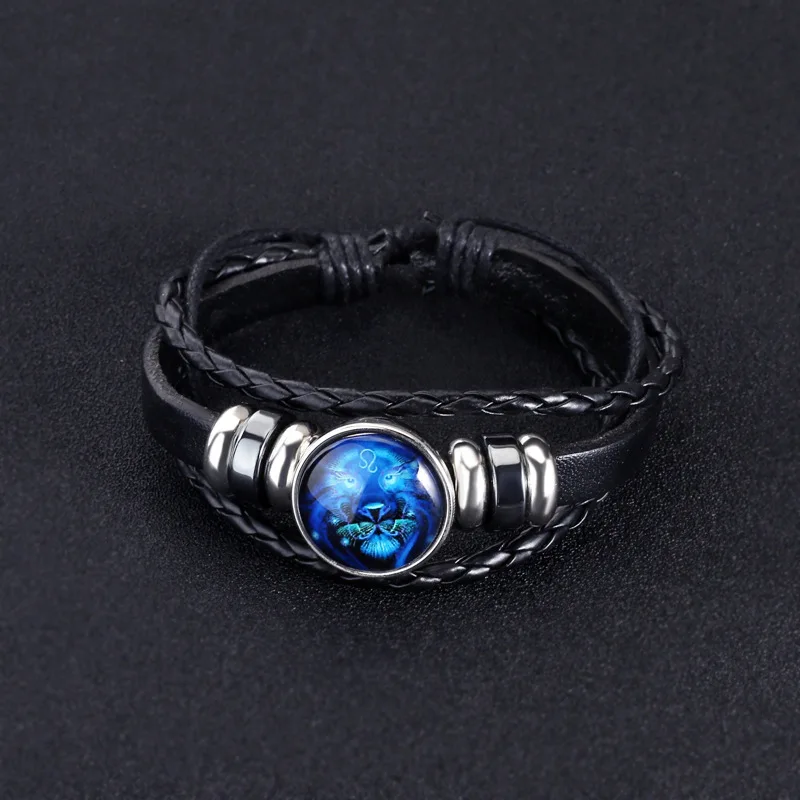 12 Constellation Zodiac Sign Black Braided Leather Bracelet Cancer Leo Virgo Libra Woven Glass Dome Jewelry Punk Men Bracelet