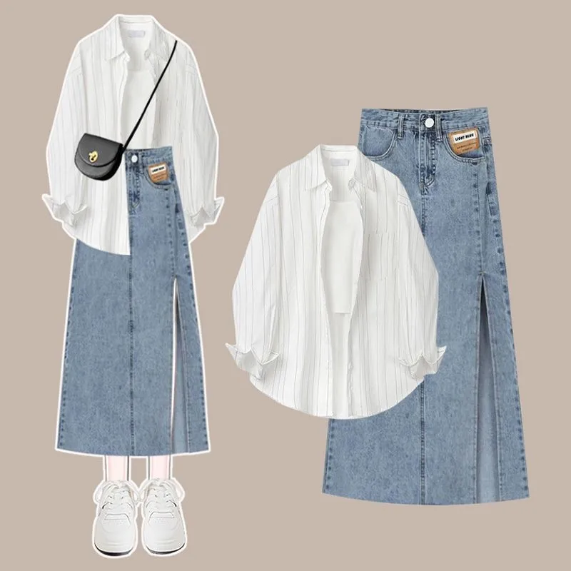 Women 2024 Autumn Vintage Cowboy Skirt Matching Set Korean Elegant Long Sleeve Striped Shirt+Vest+Sexy Denim Dress 3-Piece Suit