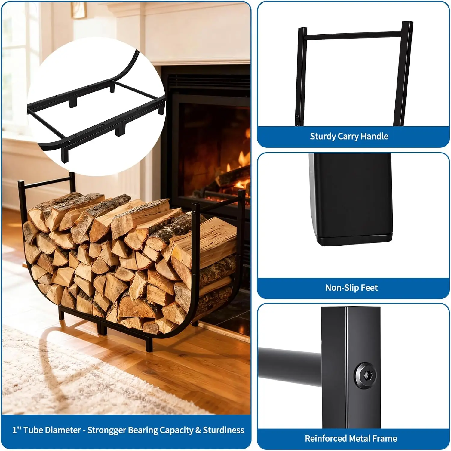 Firewood Rack Outdoor w Thicken Cover, 40 Inch Indoor Large Firewood Rack-Stable Curved Firewood Storage Heavy Duty & Rustproof Metal Log Holder w Hook for X-mas Decoration or Tools Nearby Fireplace - view 5