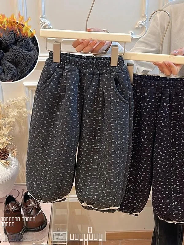 

Зимние утепленные брюки для девочек с цветочным декором, удобные длинные брюки в корейском стиле, хлопковые брюки с завышенной талией