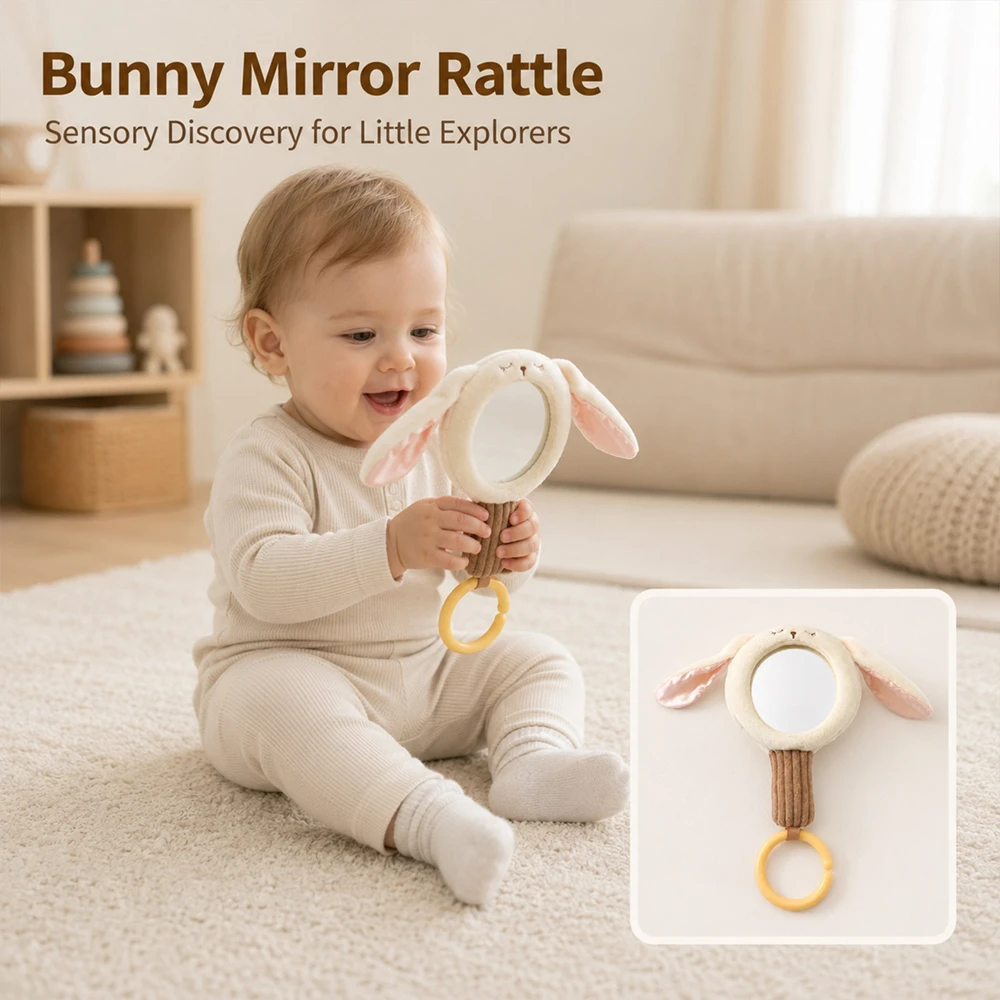 Baby Bunny Sensory Toy 3 Piece Set Cotton Wooden Ring Rattle Handheld Mirror Soft Plush Toy for Infant Fine Motor Skills Toys