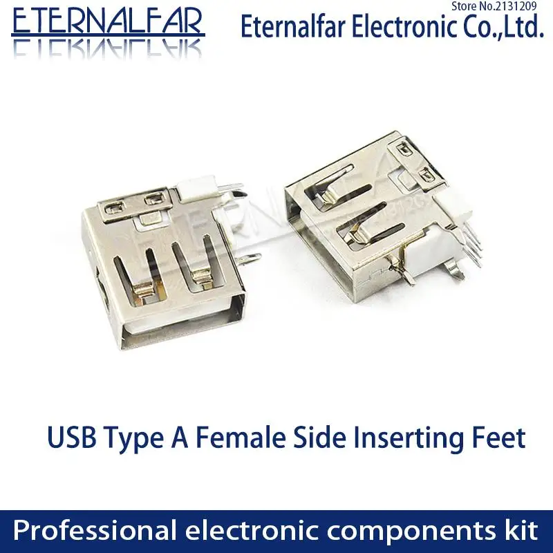 USB 2.0 Type A Female 5PIN DIP Short Body Side Insert Curved Foot Flat Mouth Straight Vertical Connector Needle Welding Wire DIY