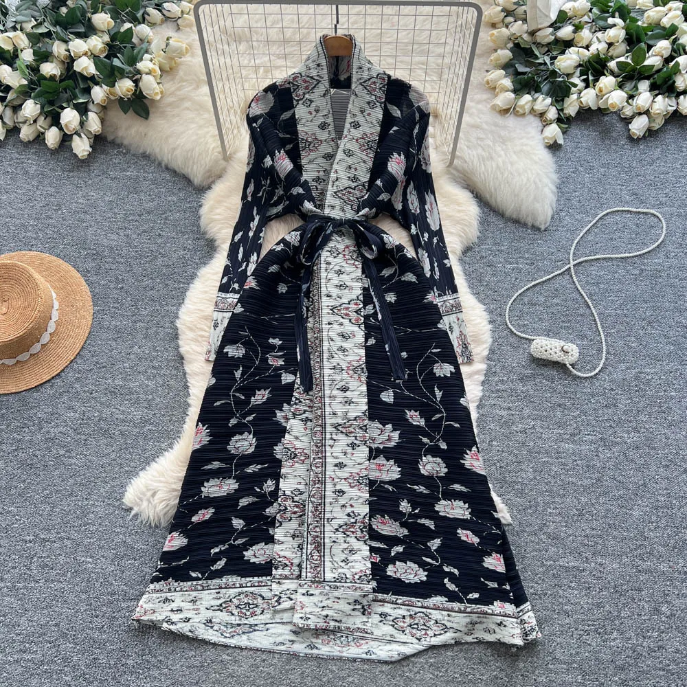 Miyake mode bedrukte jurk dames premium gevoel riem taille v-hals vest met lange mouwen geplooide lange rok