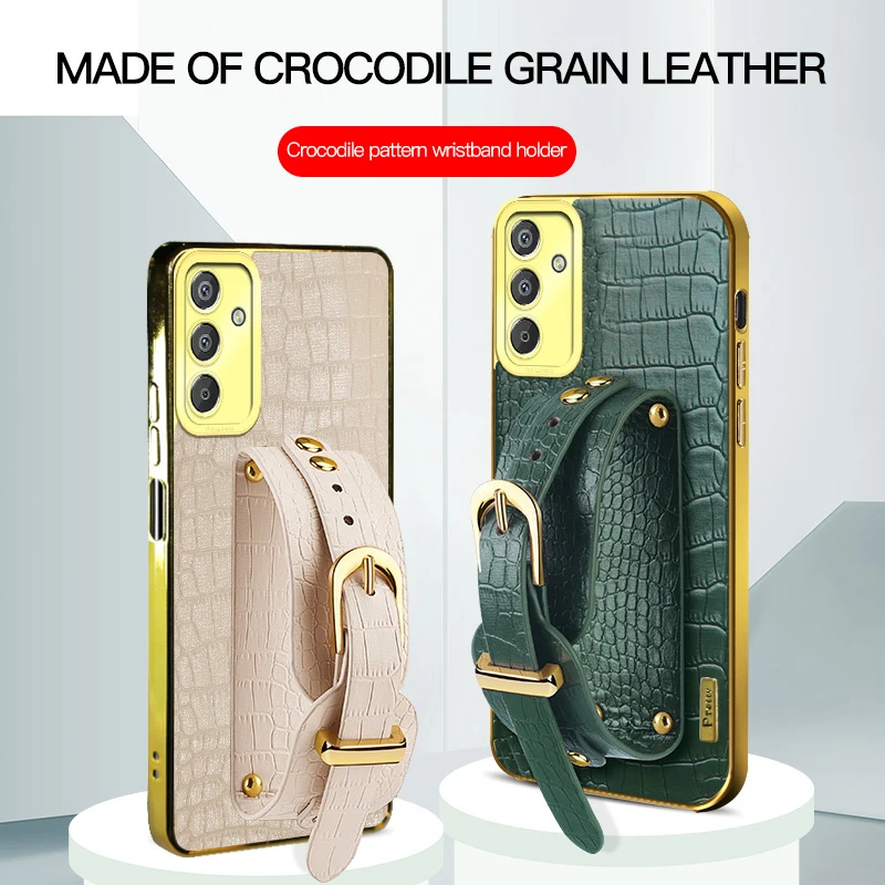 

For Samsung Galaxy M15 M52 M53 M54 M13 4G M14 5G Wristband Crocodile Leather Phone Case Wrist Strap Holder Stand Soft Cover Case