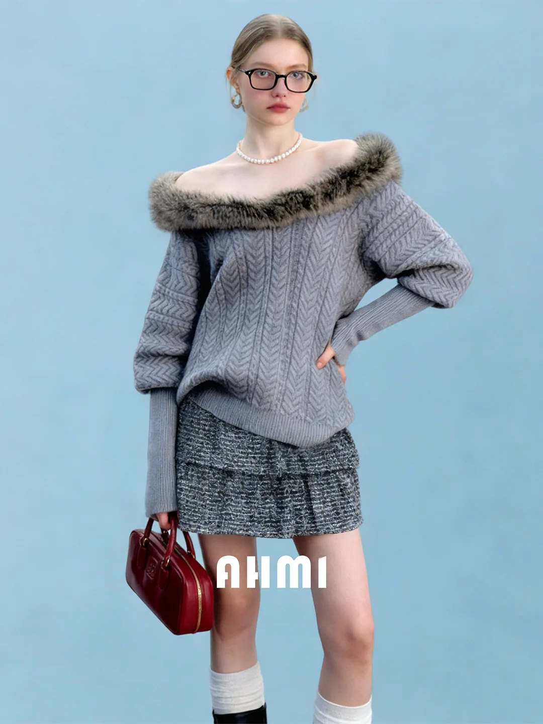 

AHMI Retro Thiened Knitted Sweater Women's Autumn Winter New Sle oulder Bared Long Sve Soft Warm Pure Color Top