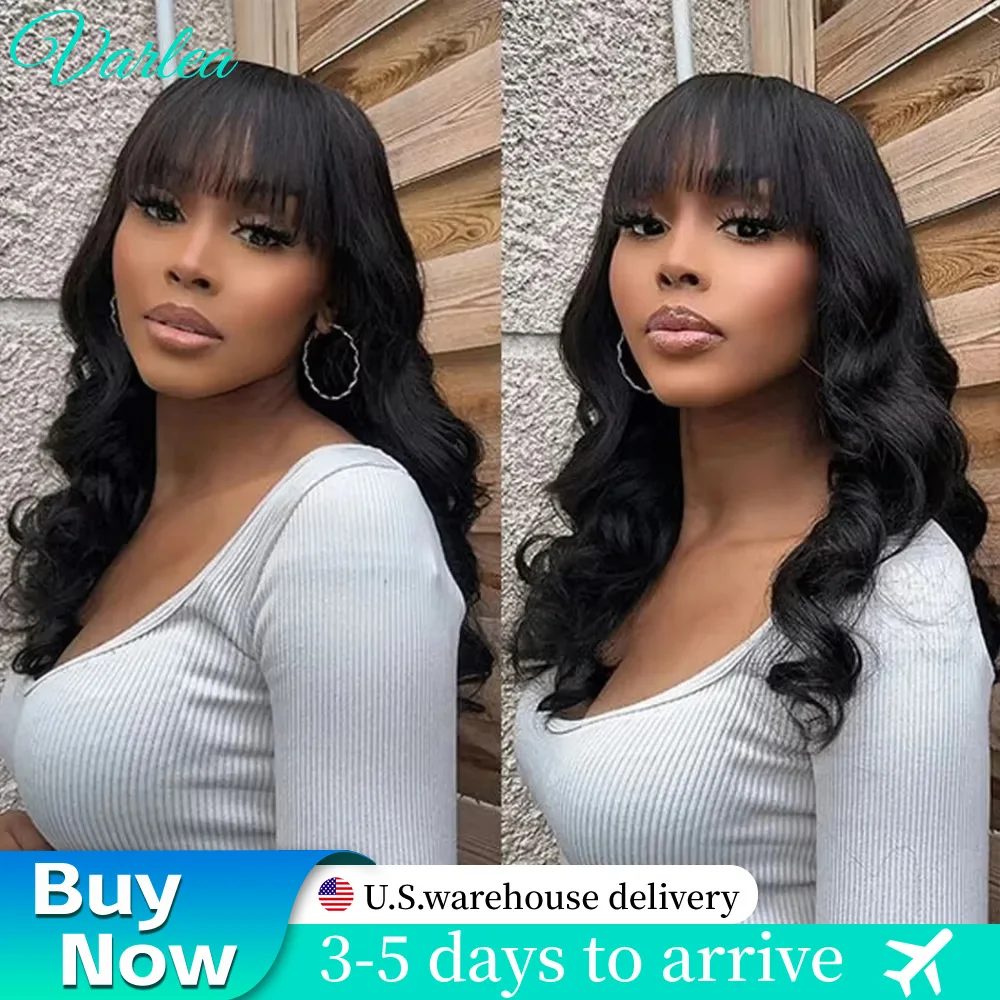 

Varlea Loose Body Wave Wig With Bangs Full Machine Body Wave Human Hair Wigs Without Lace Wig Pre-Plucked Black Wig For Women