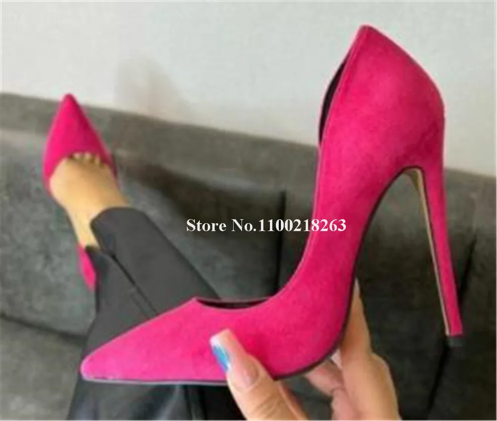 Women Classical Style Thin Heel Pumps Pink Red Green Suede Stiletto Heel Cut-out High Heels Nightclub Dress Shoes Big Size 45