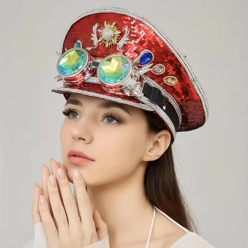 

HongLuan красная шляпа капитана в стиле стимпанк со стразами и очками для женского фестиваля Burning Man, военные аксессуары и кепка для мужчин