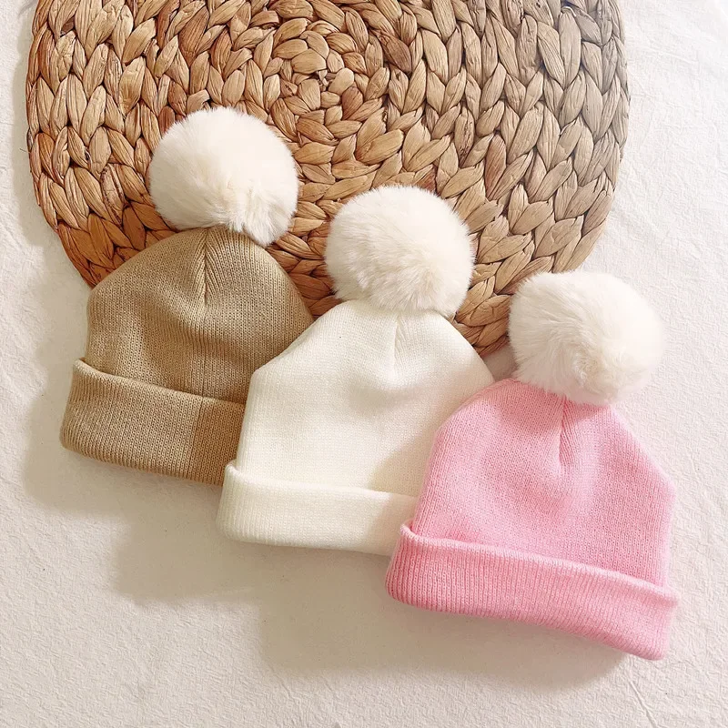 Winter Warm Big Pompom Baby Knitted Hat Cute Hairball Newborn Infant Boys Girls Hat Bonnet Solid Color Kids Cap Beanie 0-12M