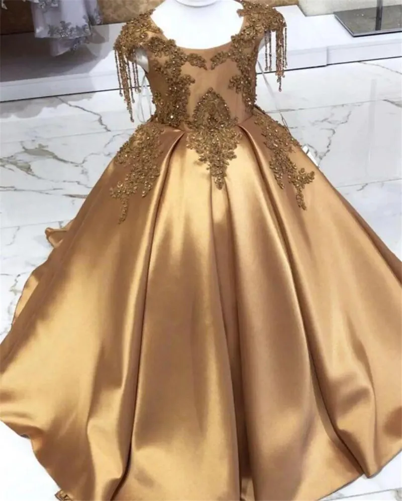 

Gold Long Girls Birthday Dresses Lace Up Back Beading Satin Flower Girl Dress Kids Clothes Pageant Gown