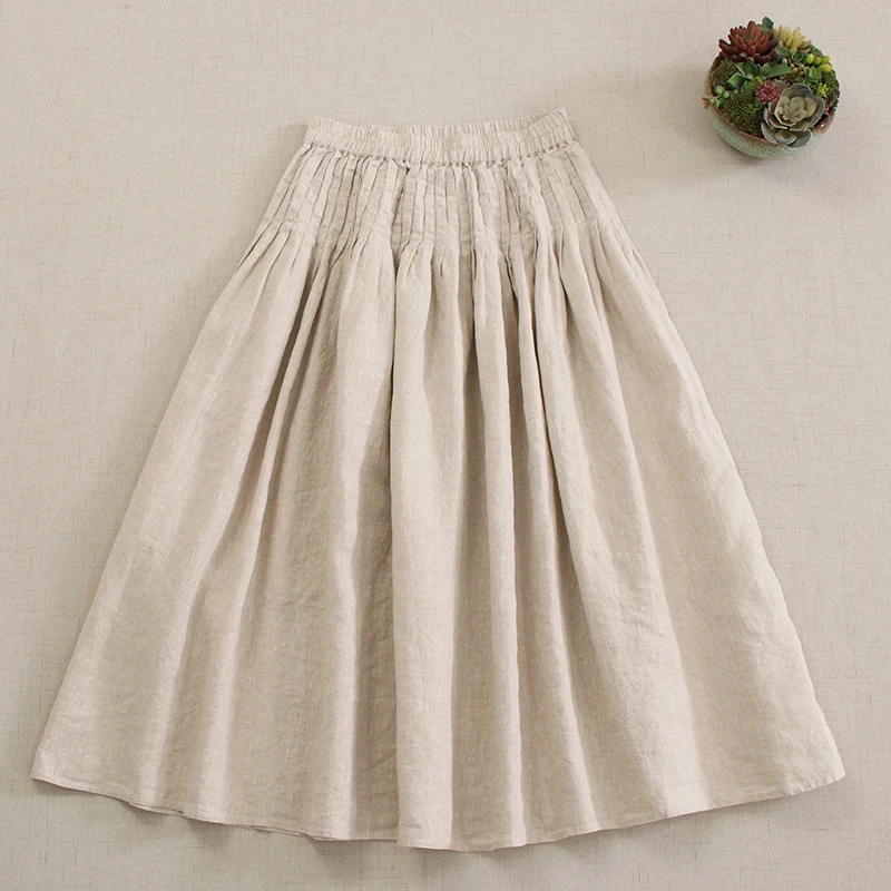 Spring New Japanese Mori Girl 100% Linen Drawstring Waist Skirt Women Solid Color Casual Loose Big Hem A-Line Skirt