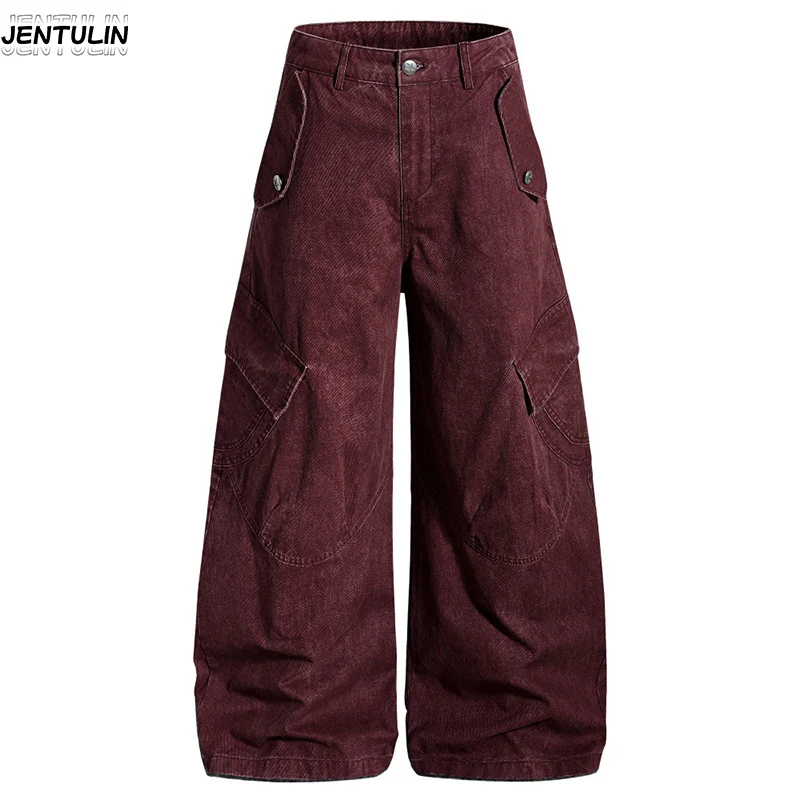 

High Street Retro Washed Y2k Worn Workwear Pant Loose Wide Legged Men's Trendy Design Multiple Pockets Floor Length Casual Pants