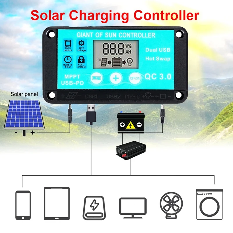 MPPT Solar Charge Controller 100A Multiple Protection Solar Regulator LCD Screen Fast Charging 3.0 Battery Charger Easy To Use