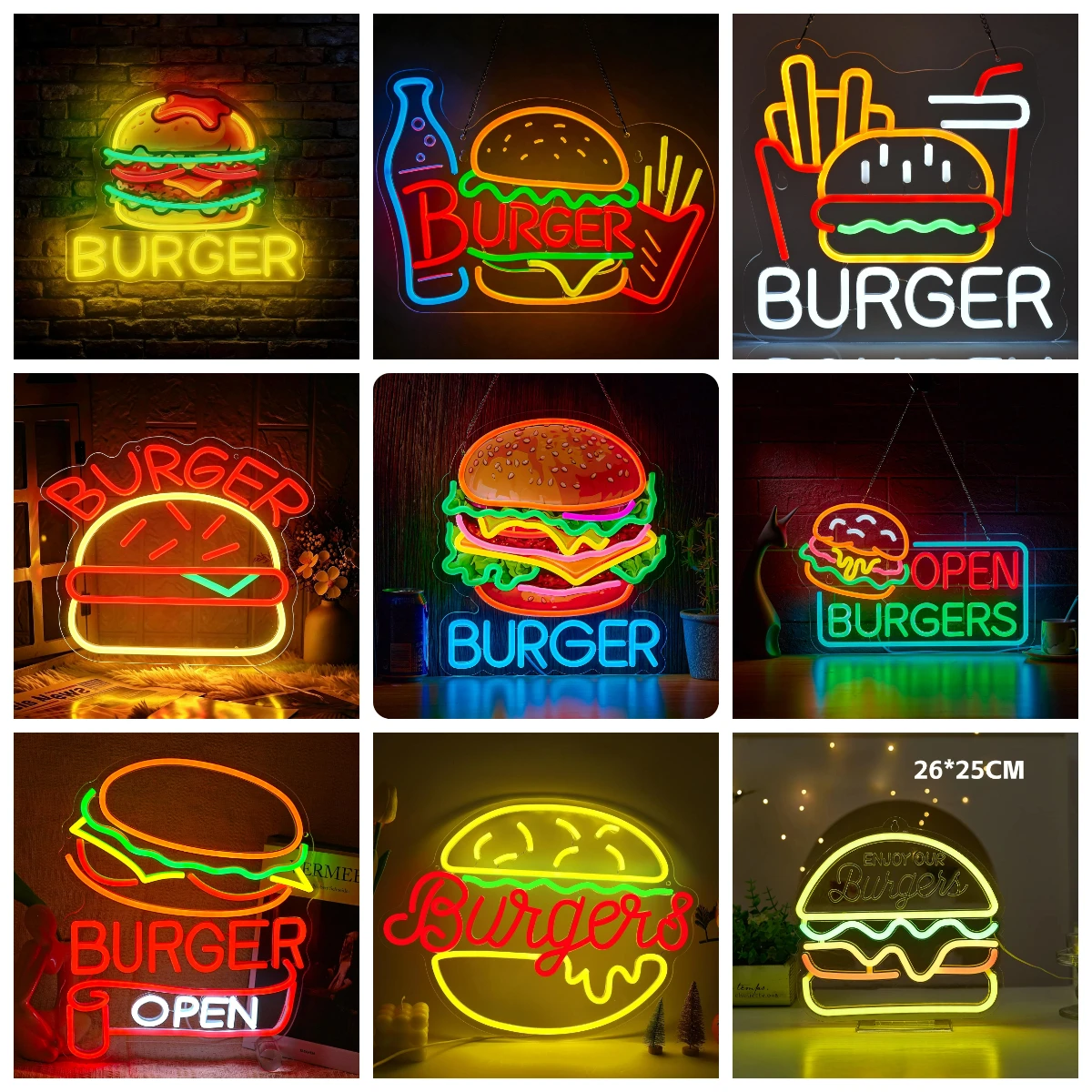Burger Neon Sign, LED Hamburger Signs for Restaurant Snack Bar Fast Food Shop Kitchen Bedroom Party Wall Decor, USB Powered