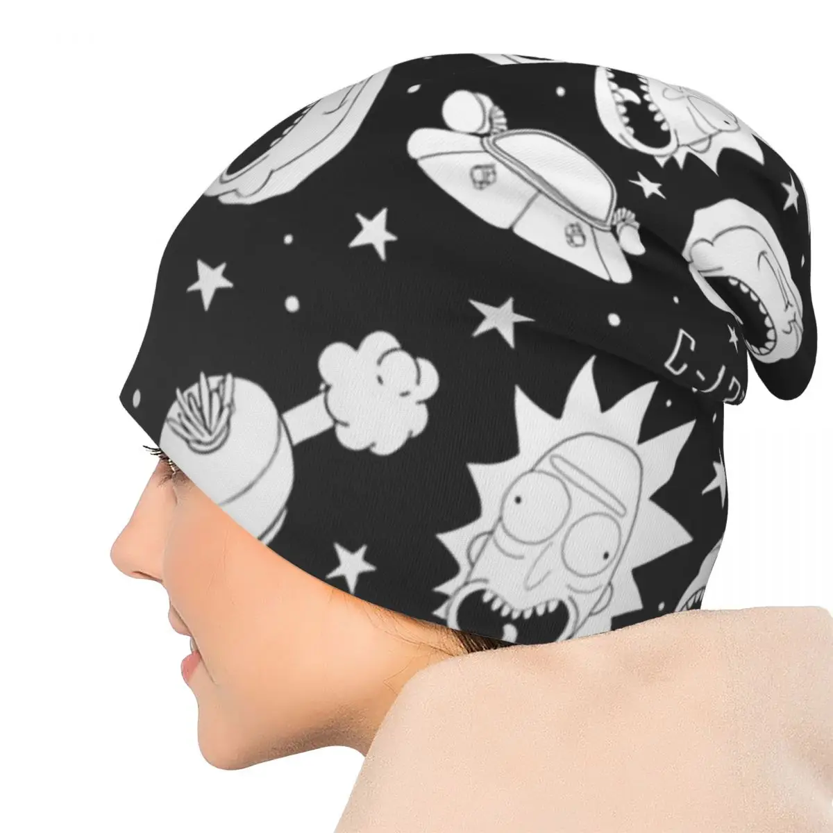 أبيض وأسود ريك ومورتي الرجال النساء الكبار بيني قبعات محبوك بونيه قبعة دافئة موضة الخريف الشتاء في الهواء الطلق Skullies القبعات