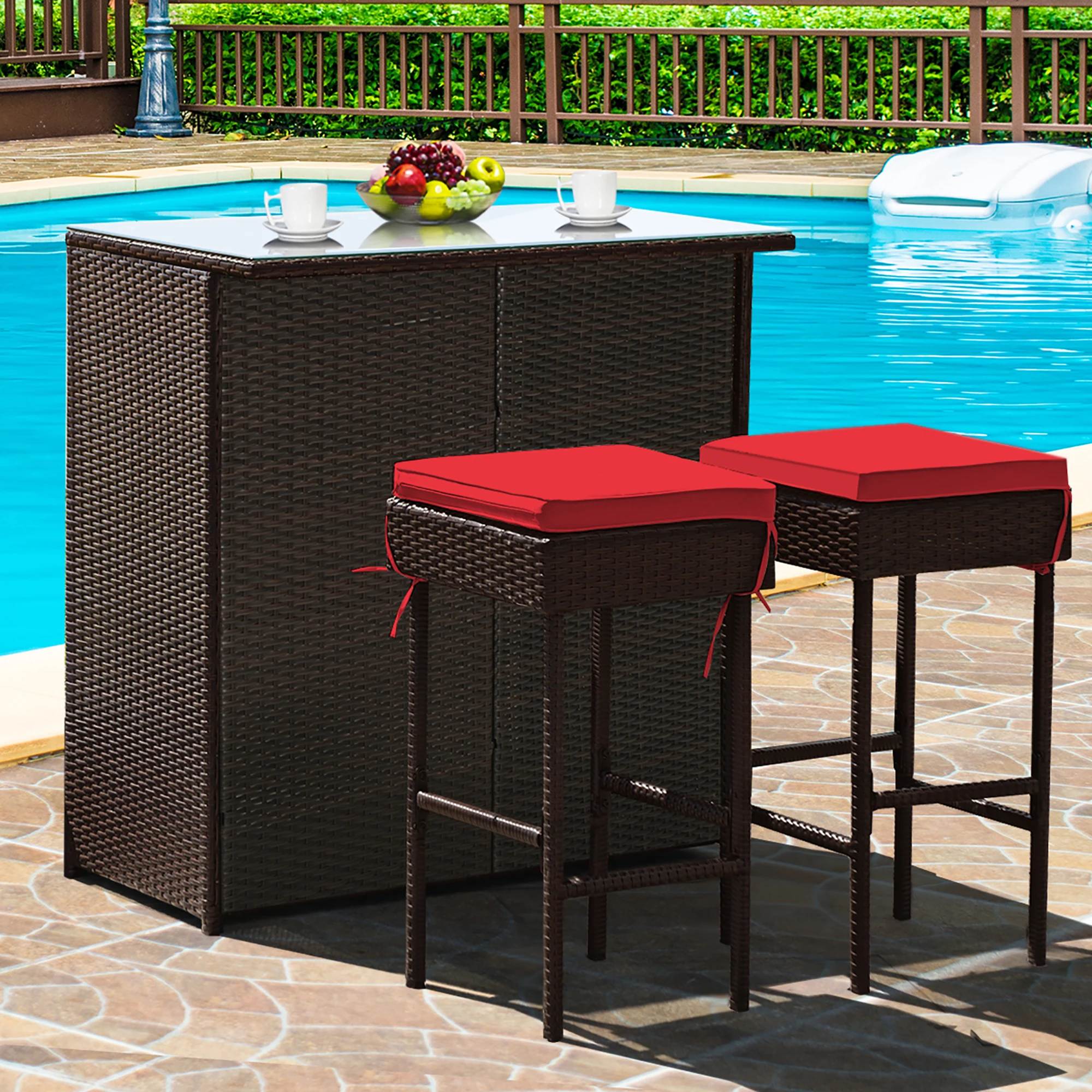 3PCS Patio Rattan Wicker Bar Table Stools Dining Set Cushioned Chairs Garden Red