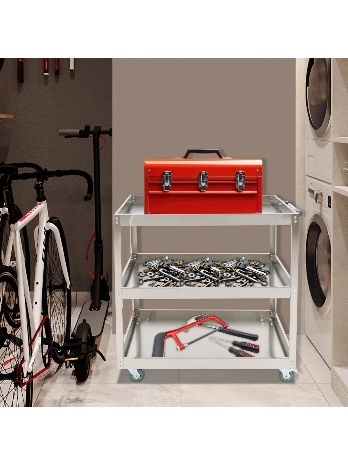 Serveerwagen 3-laags 4-wielremmen Utility Cart Opbergwagen Mobiele winkelwagen Stevig Duurzaam voor magazijnwerkplaatsvervoer - afbeelding 2