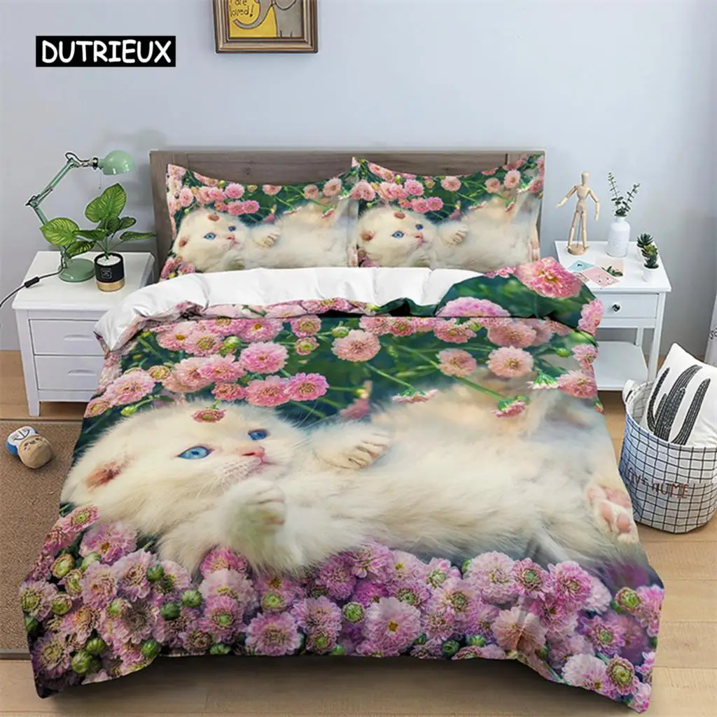 

3D Cat Print Duvet Cover Floral Bedding Set Twin Full For Kids Girls Boys Room Decor Luxury Microfiber Funny Animal Quilt Cover