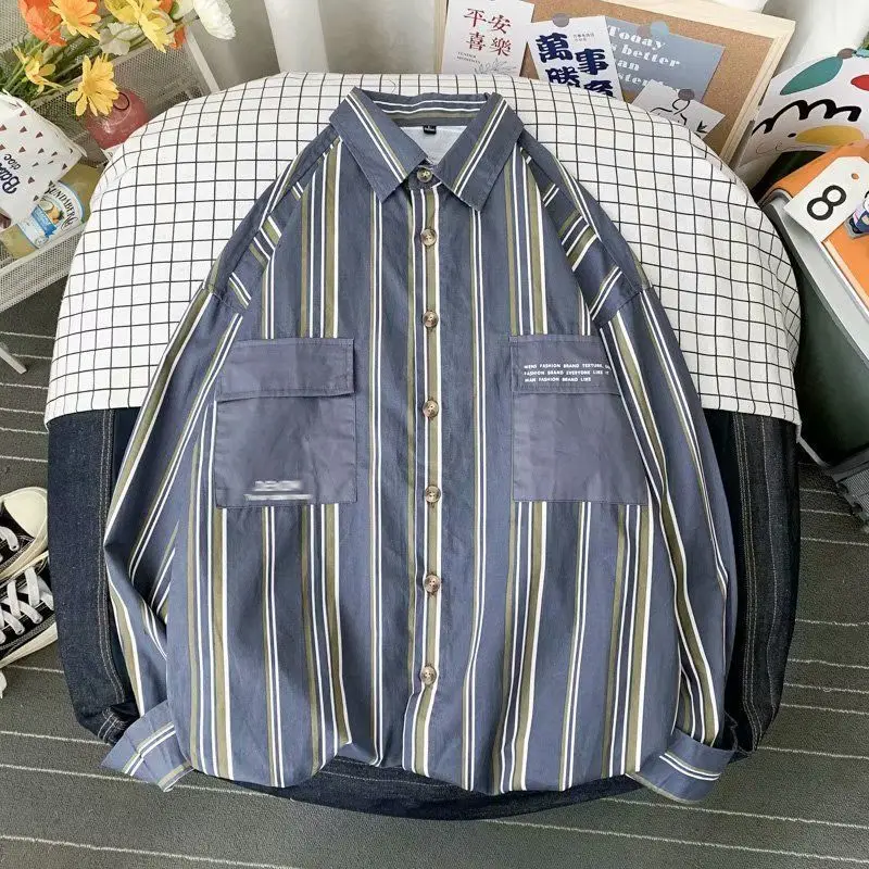 2024 Hong Kong style loose retro shirt for men spring and summer new college style niche design interesting striped shirt EMO