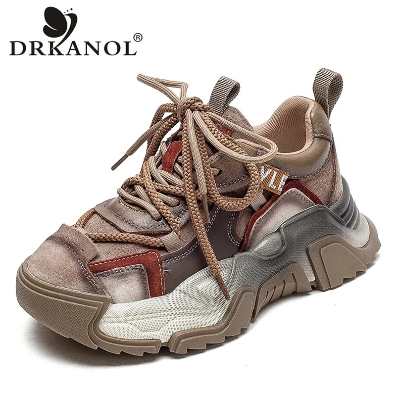 

DRKANOL Women Chunky Platform Sneakers Mixed Colors Genuine Leather Autumn Thick bottom Shoes Trend Lace-Up Casual Daddy Shoes