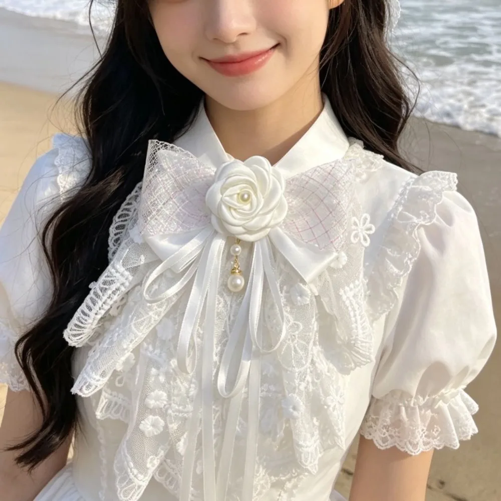 Fantasy Rhinestone Lace Bow Tie Collar Flower Lolita Cosplay JK Shirt Everyday Women's Dress Handmade Corsage Brooch Accessory