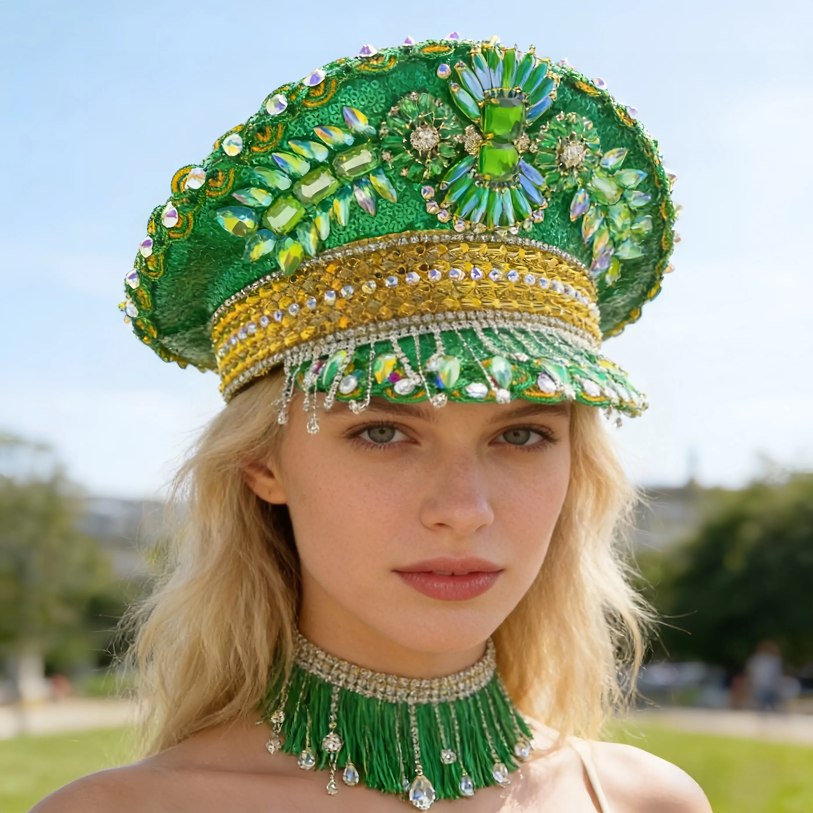 HongLuan Green Captain Hat Rhinestone for St. Patrick's Day Woman, Carnival Costume Hat Adult & Cosplay Female Accessories