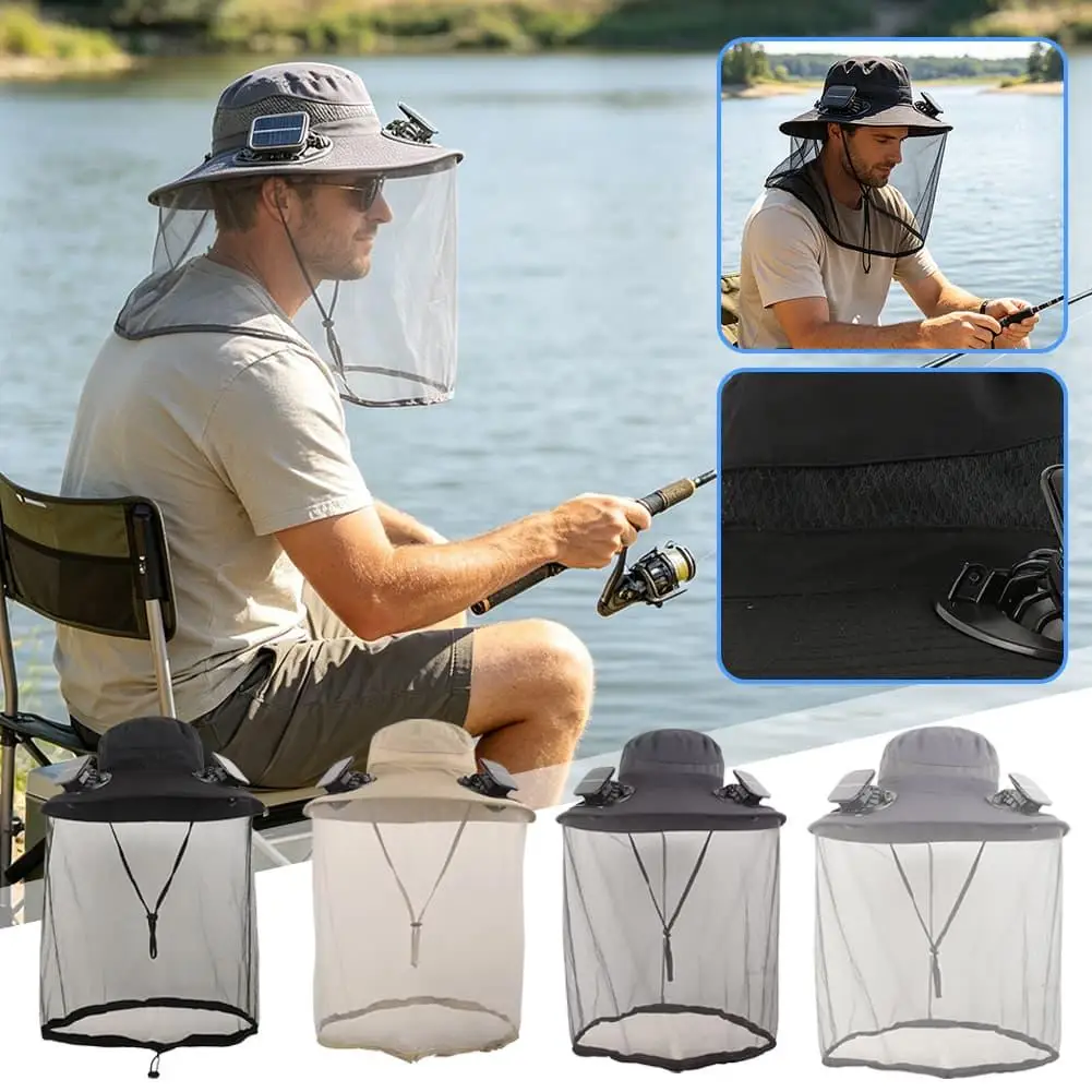 Dual Power Solar USB Cooling Fishing Hat UPF50+ UV Protection Full Face Neck Mosquito Net Dual Fan Outdoor Sun Hat For Men Women