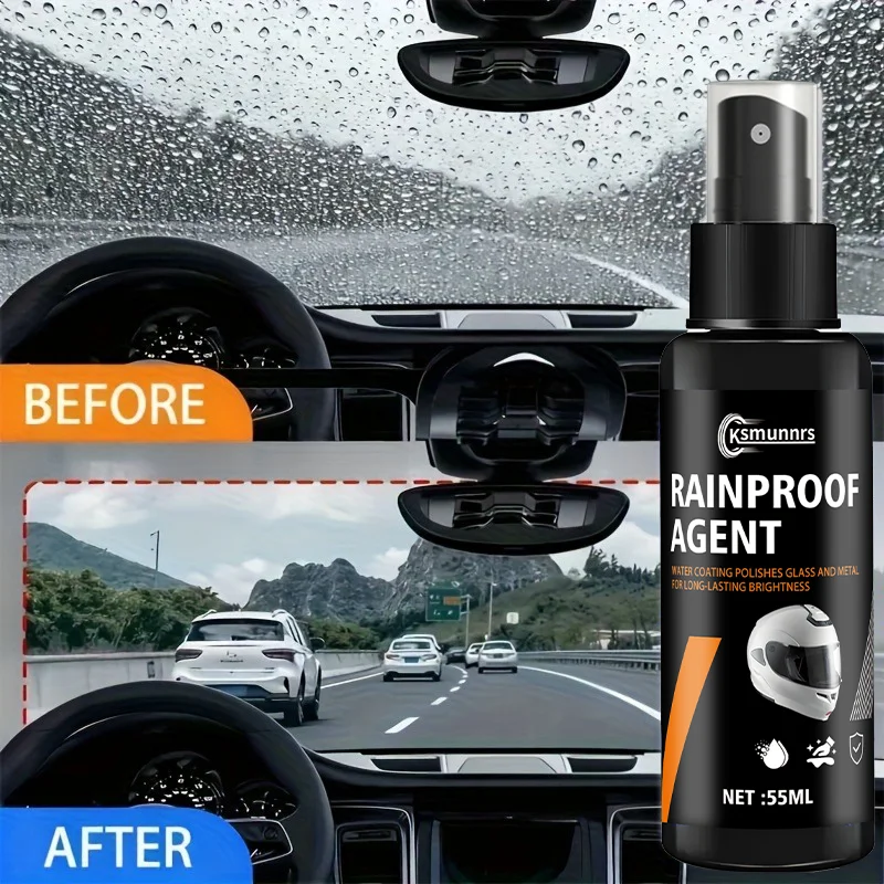 

Nano Glass Rain Repellent Spray for rain and fog protection, suitable for car windows, helmets, and windshields