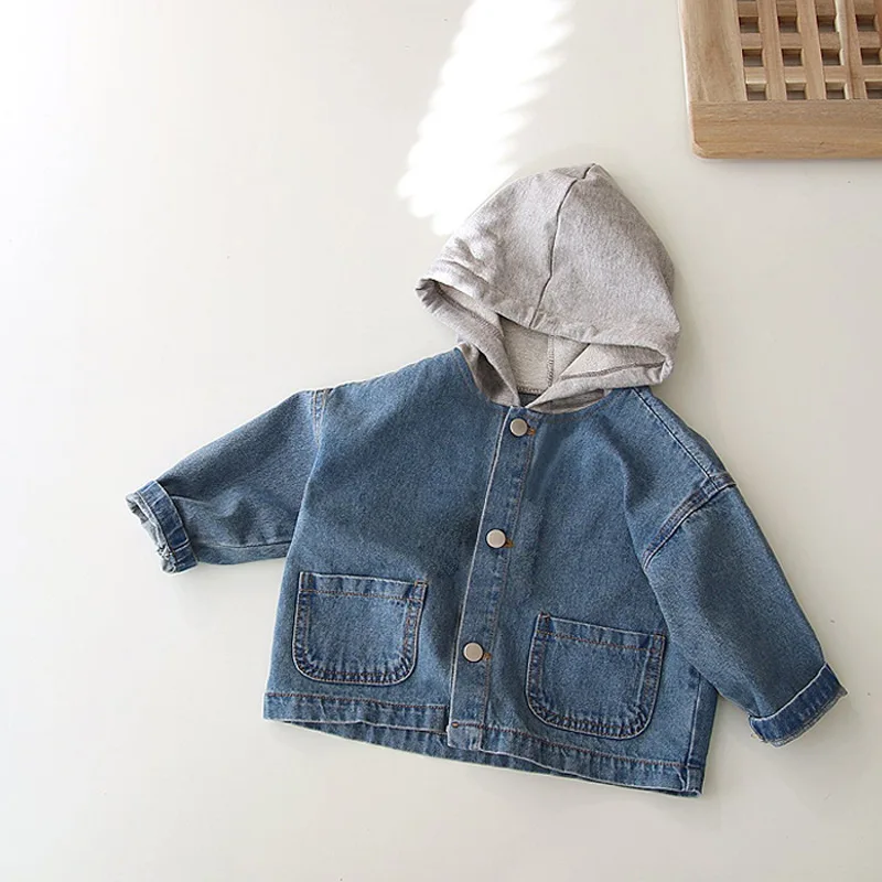 

Children Clothing Korean Style Handsome Pocket Hooded Denim Jacket 2024 Autumn Winter Fashion New Boys and Girls Simple Coat