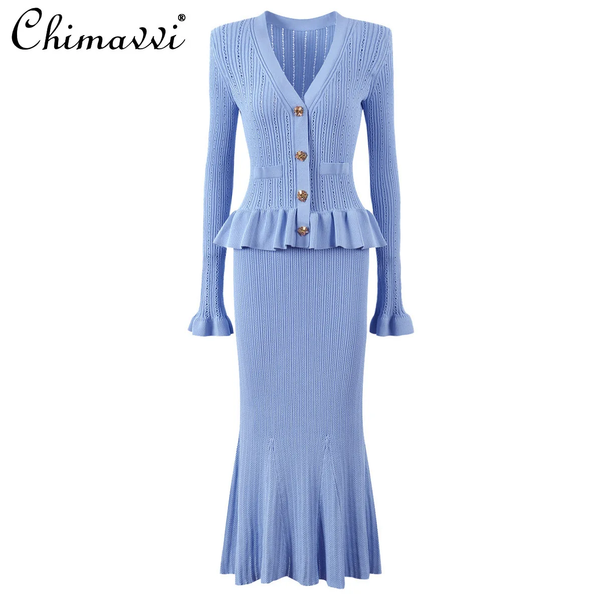 

Spring and Autumn New Fashion Knitted V-Neck Slim-fit Long Sleeve Dress for Women High-End Elegant Commuter Dresses